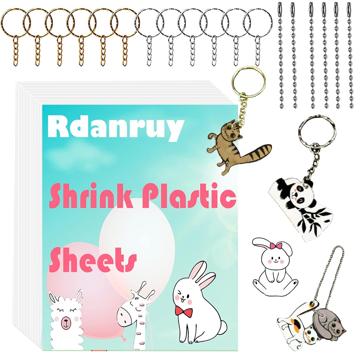 Rdanruy Shrink Plastic Sheets Kit 150 Sheets Shrink Dink Sheets Shrink Art Paper Shrink Film Sheets with 100 Key Chains Creative Crafts DIY Ornaments for Kids