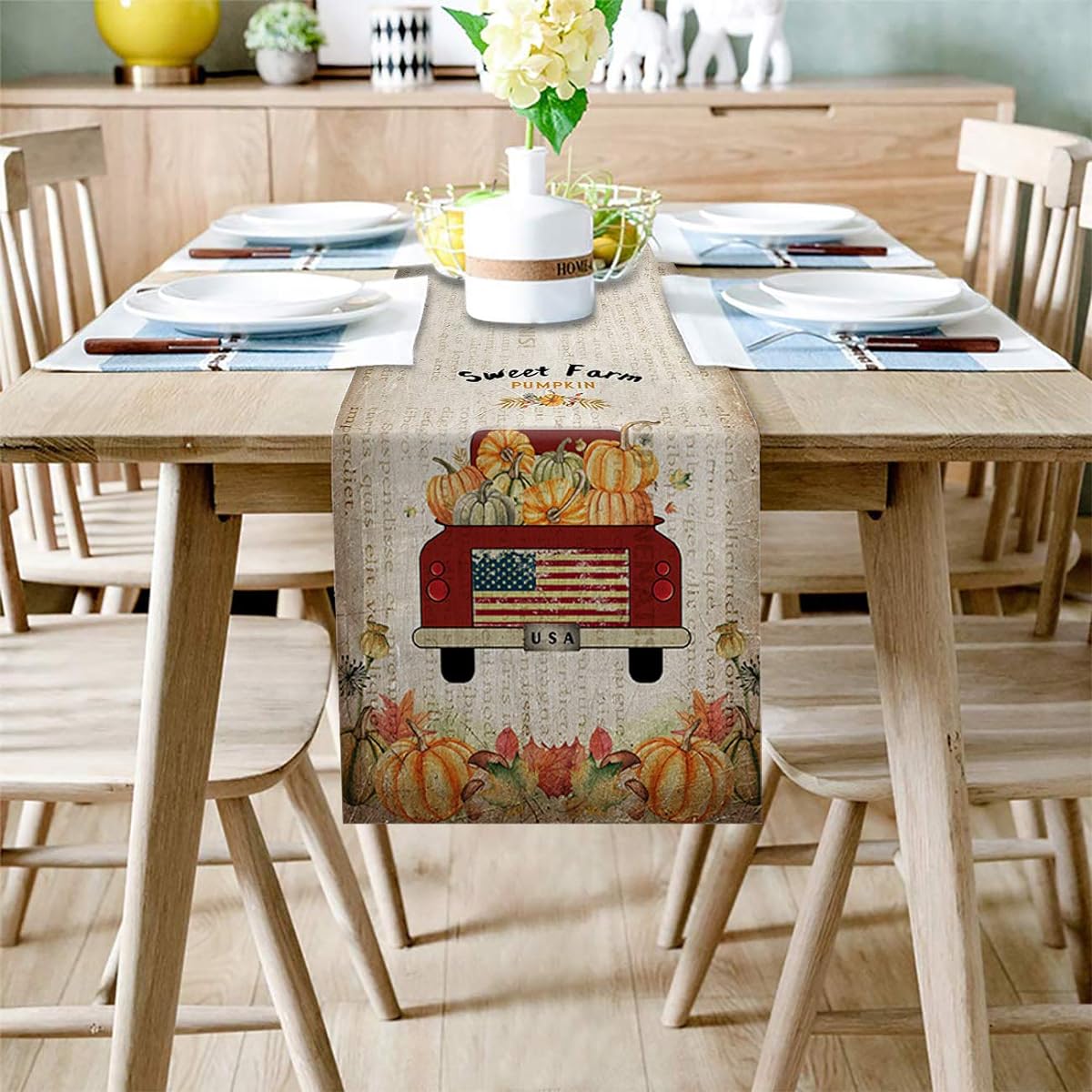 TrendyChic Thanksgiving Table Runner 14" x 72" Burlap Linen Table Runner Easy Care Farmhouse Kitchen Table Runner Patio Family Dinner Office Table Rustic Red Truck Sweet Farm Pumpkin