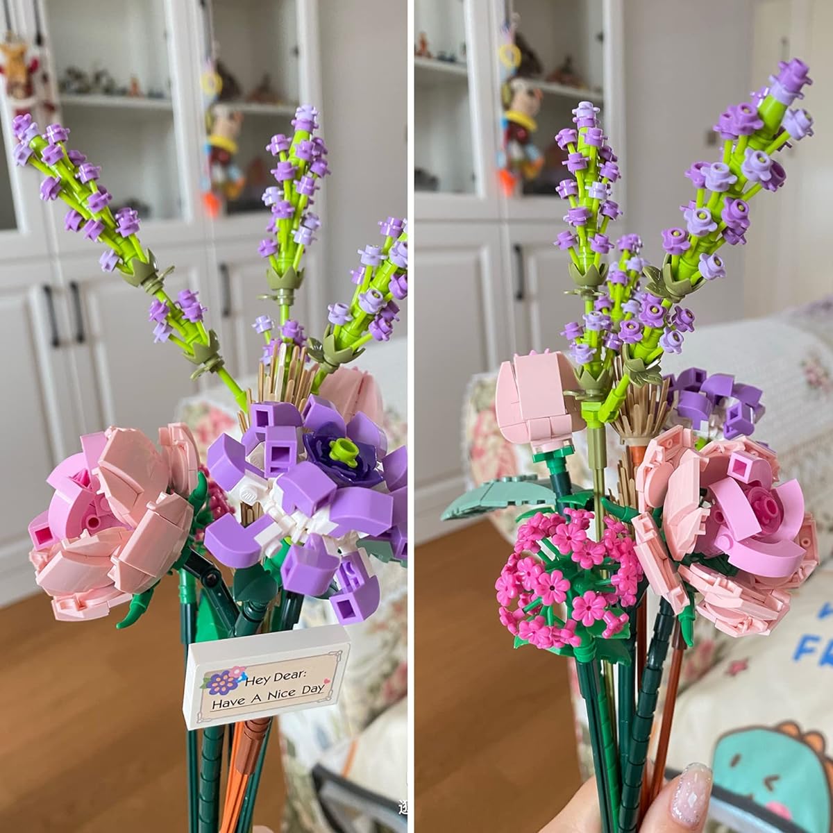 Mini Flower Bouquet Assembly Kit Set Artificial Flowers for Kids Adults Valentine's/Mom's Day Gift Pink Rose (Not Compatible with Lego Set)