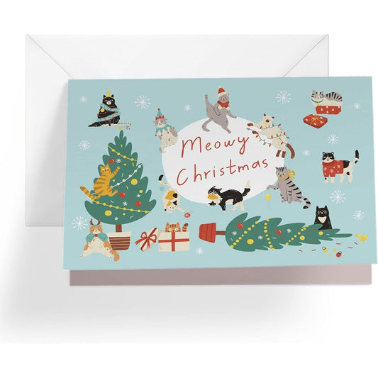 1Up Greetings Cat Christmas Card | Merry Christmas Card Meowy Christmas | Your purchase helps an animal in need | 5" x 7.5" | Single Card with Envelope | Made in the USA | Women-Owned Small Business