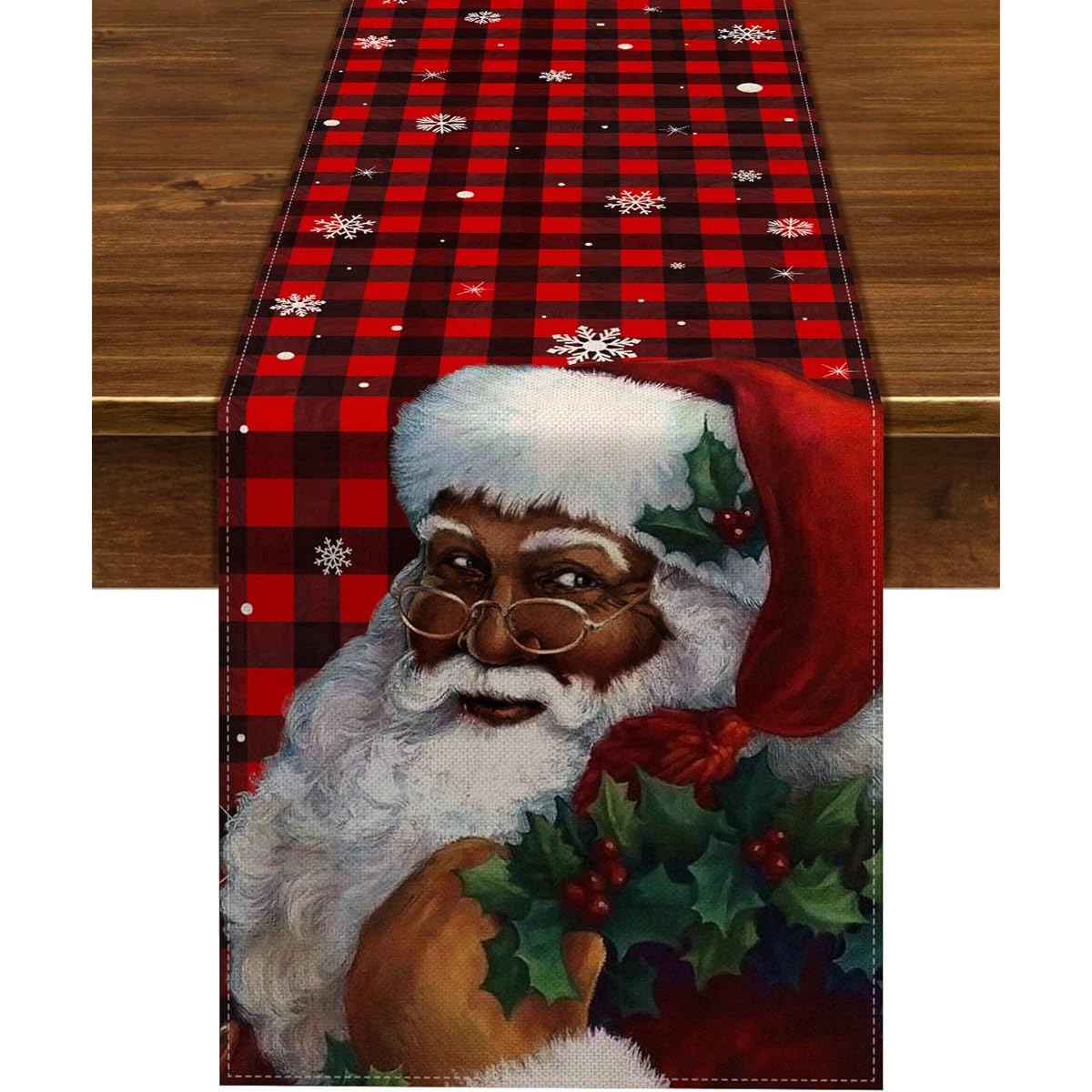 Nepnuser African American Christmas Buffalo Plaid Table Runner 90" Length Black Santa Claus Christmas Decoration Indoor Winter Holiday Christmas Home Kitchen Decor