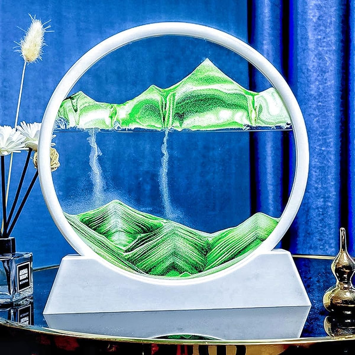 XIYUAN Moving Sand Art Picture Decoration, 3D Deep Sea Sand Scenery Liquid Motion Flow Sand Painting, Sand Relaxation Framed Art Painting, Round Glass Craft Moving Sand Desktop Art Decor Toys(Green-7inch)