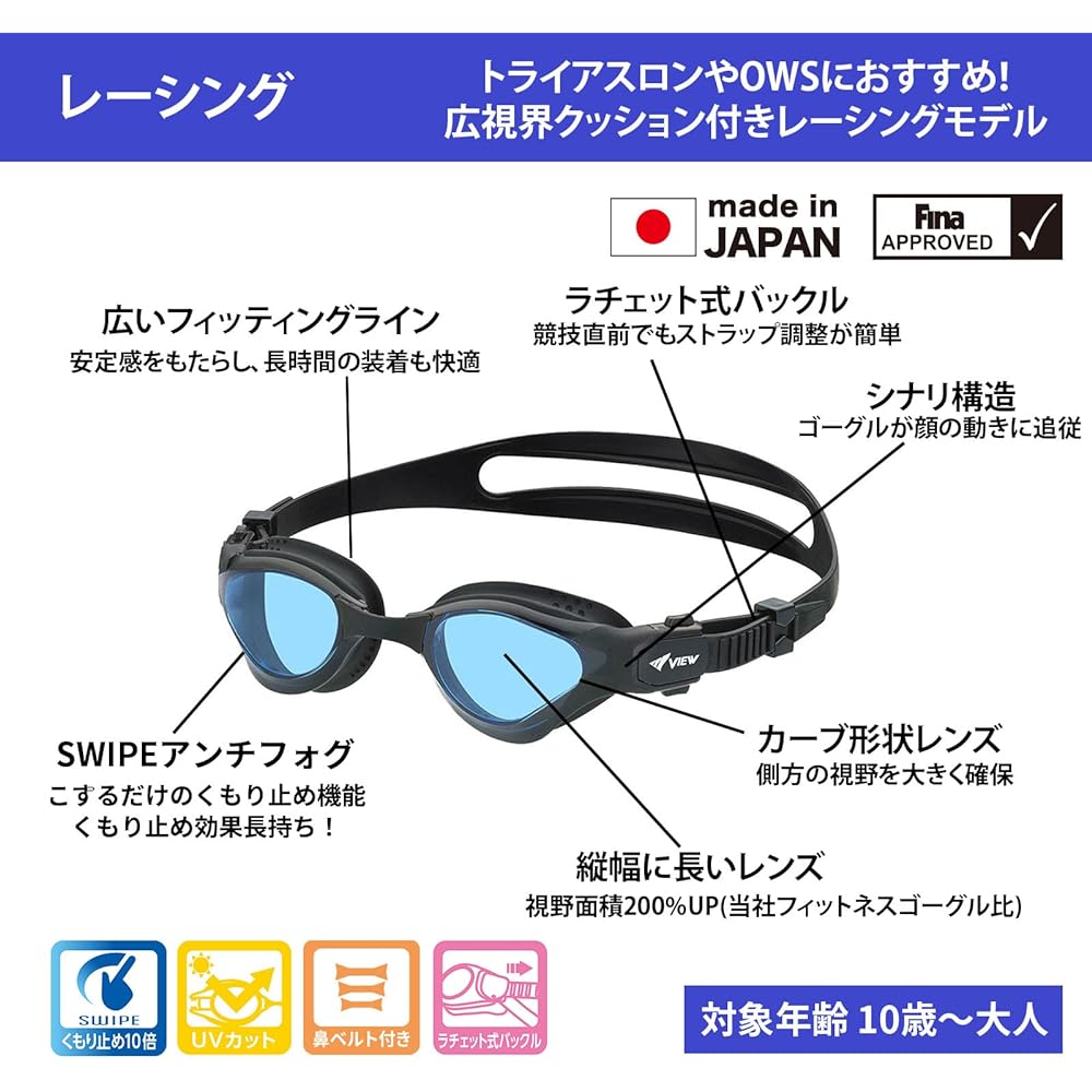 [View] Swimming Goggles DELFINA Made in Japan Outdoor Triathlon Racing Goggles with Cushion Fina approved model Equipped with anti-fog function SWIPE