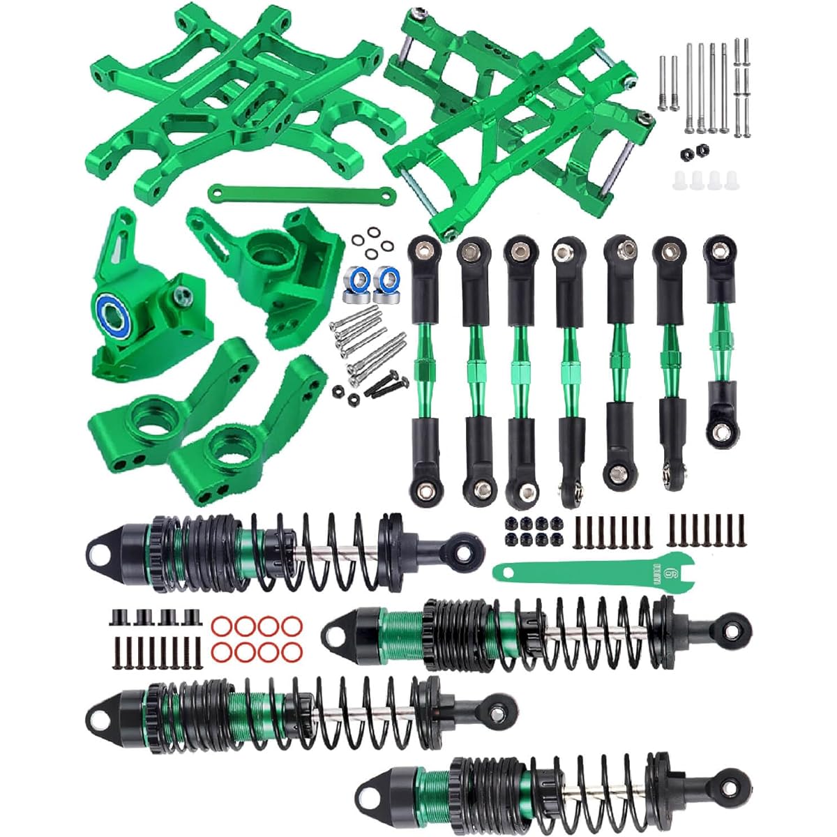 hopsupRC Big Bore RC Shock Upgrade Parts for 1/10 Rustler/Stampede 2WD Aluminum A-Arms & Caster Blocks & Steering Blocks & Rear Stub Axle Carriers & Adjustable Turnbuckle Camber Links, Green