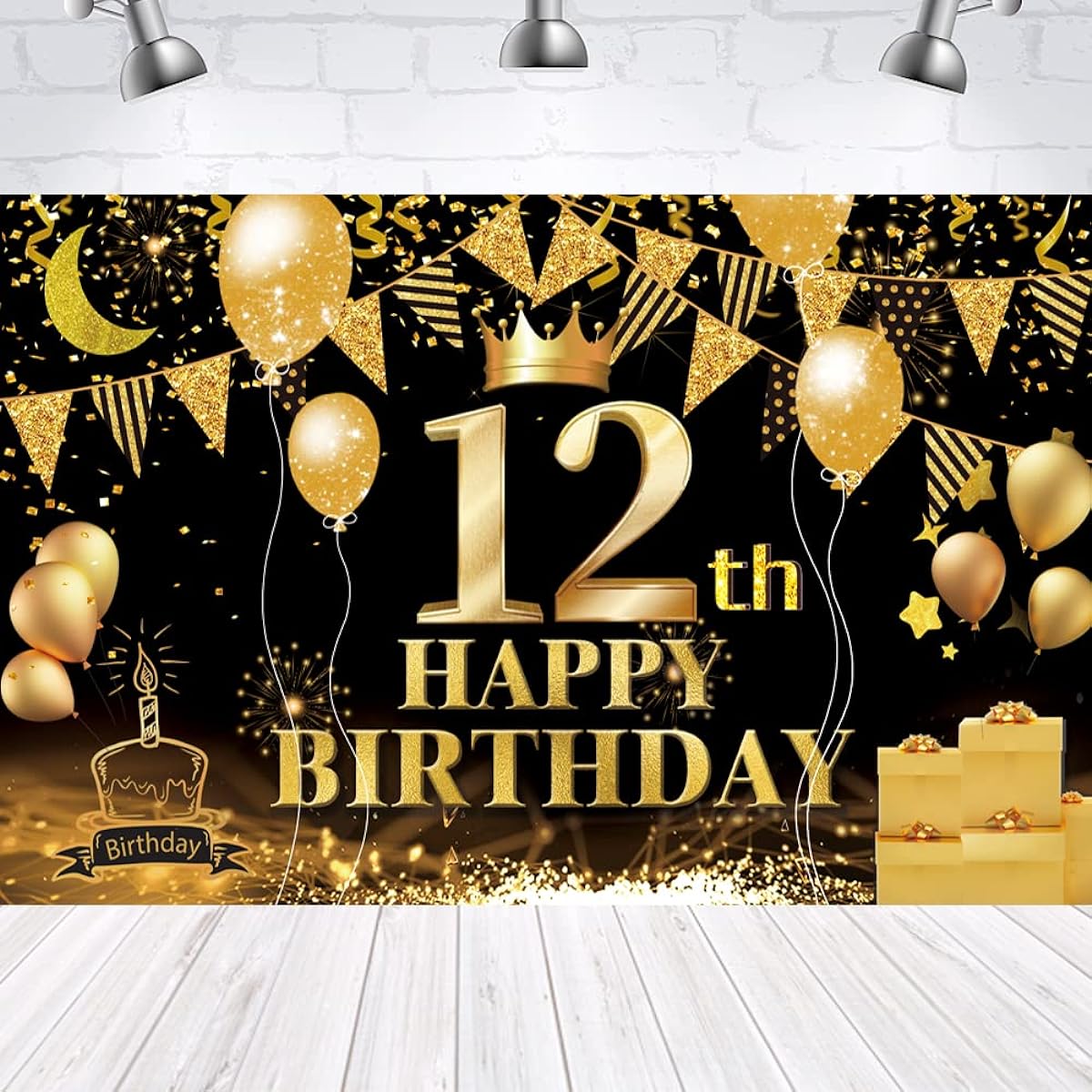 Happy 12th Birthday Backdrop Banner Black Gold 12th Sign Poster 12th Birthday Party Supplies Favors Photo Booth Photography Background Birthday Party Decorations 72.8 x 43.3 Inch