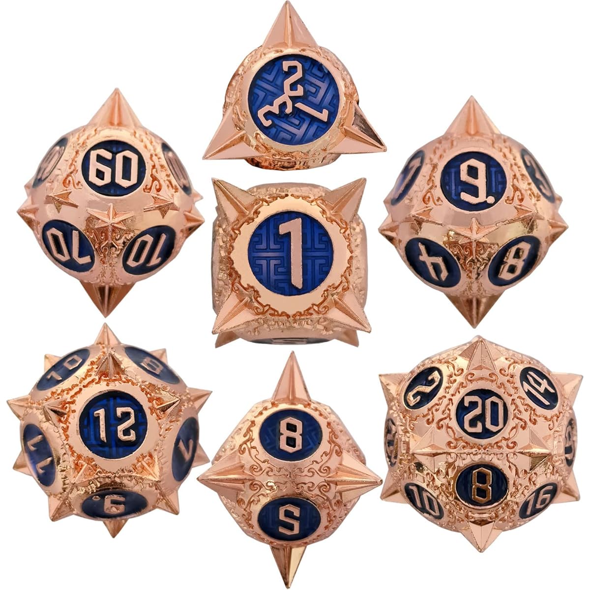 GIUADKXD Metal DND Dice Set - Polyhedral Solid Round Pointed D&D Dice 7 Piece Set Dungeons & Dragons Cosplay Dice Warhammer MTG Free Drawstring Leather Storage Bag (Red Copper Blue)