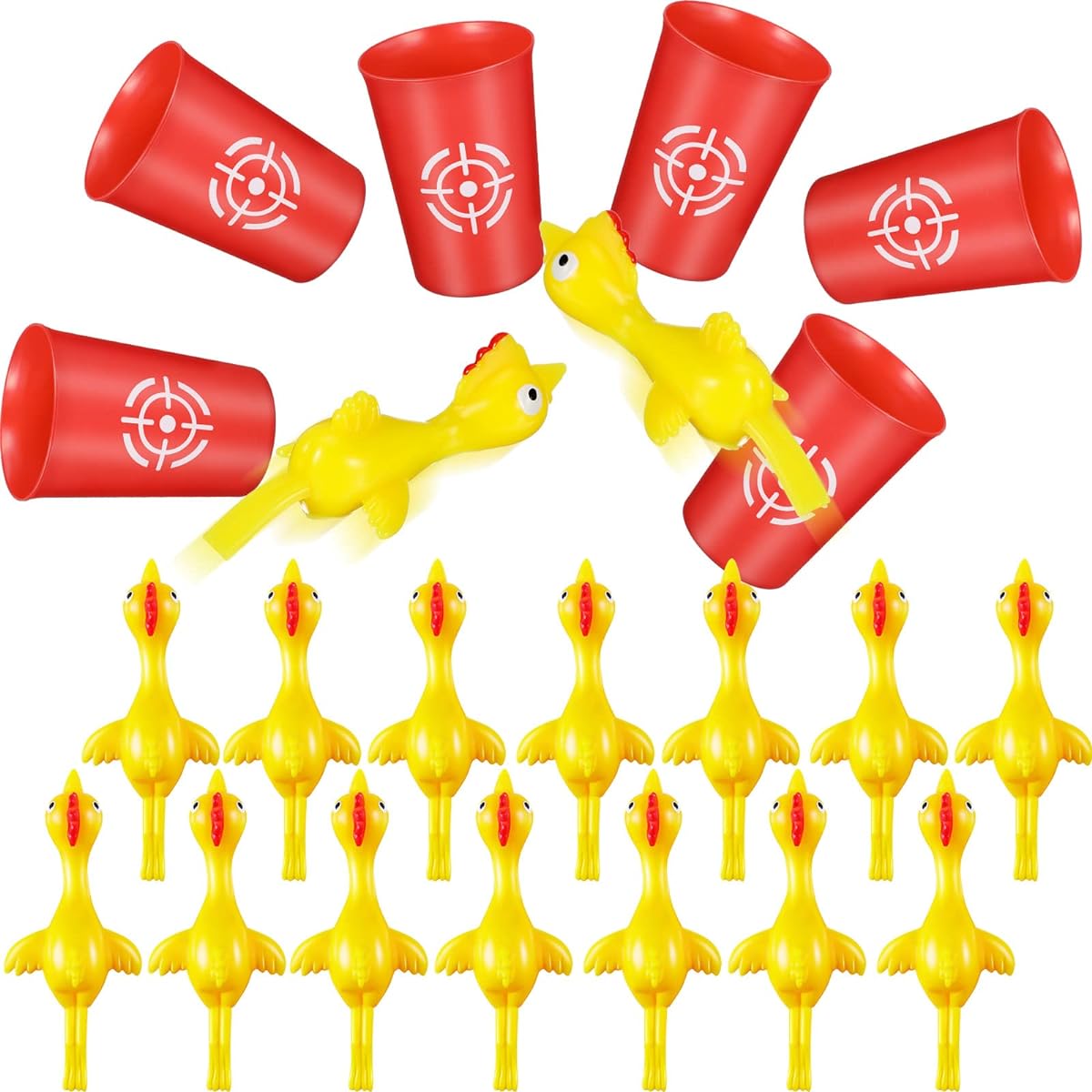 Chalyna 22 Pieces Chicken Shooting Game Slingshot Chicken Rubber Chicken Flick Chicken 16 Pieces Rubber Chicken with 6 Dart Cups Birthday Chicks Easter Christmas Halloween Party Favors