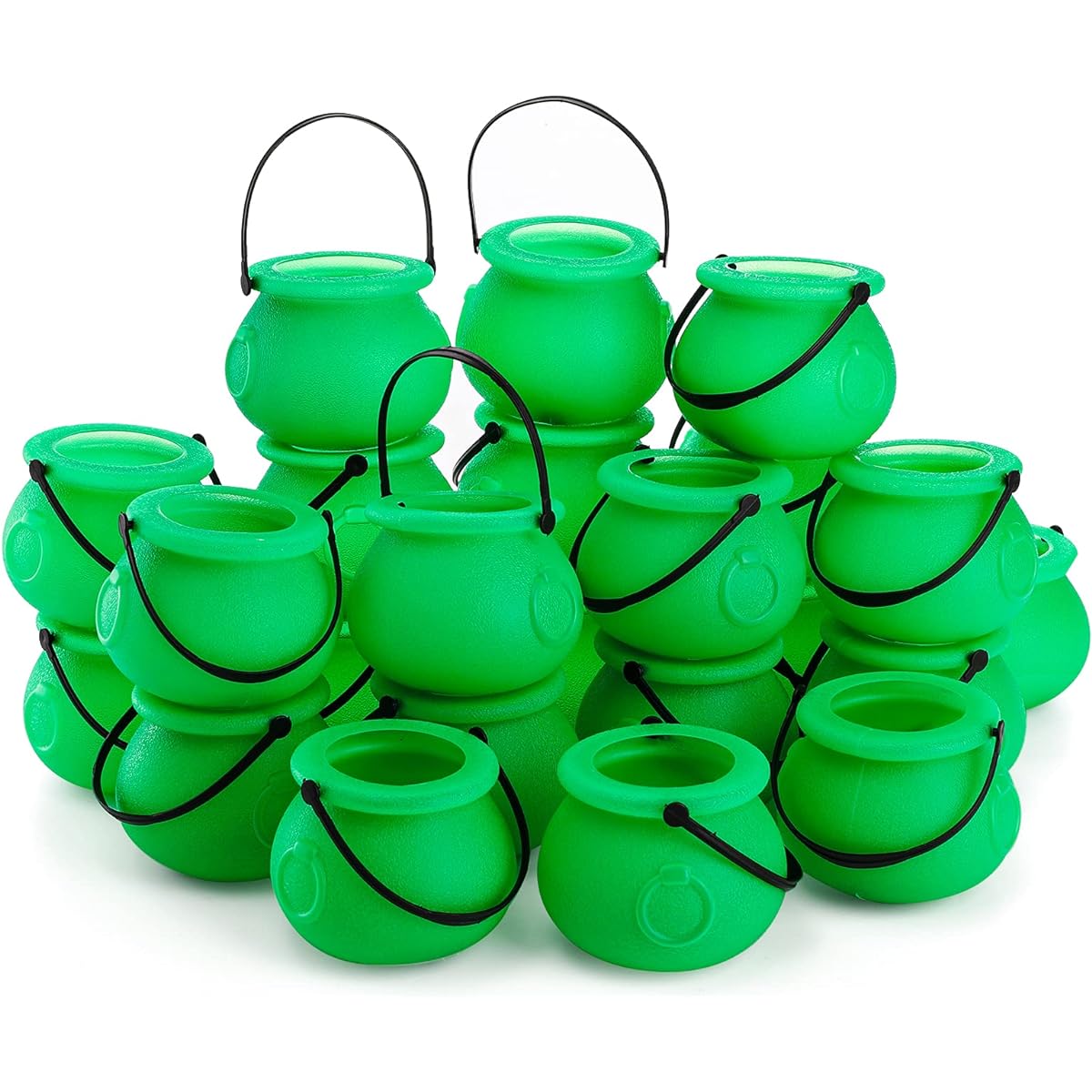 Tebery 24 Pack Mini Green Candy Kettles Novelty Cauldrons with Handles Plastic Candy Holder Pots for St. Patrick's Day, Wizard, Halloween Theme Party Supplies Decorations