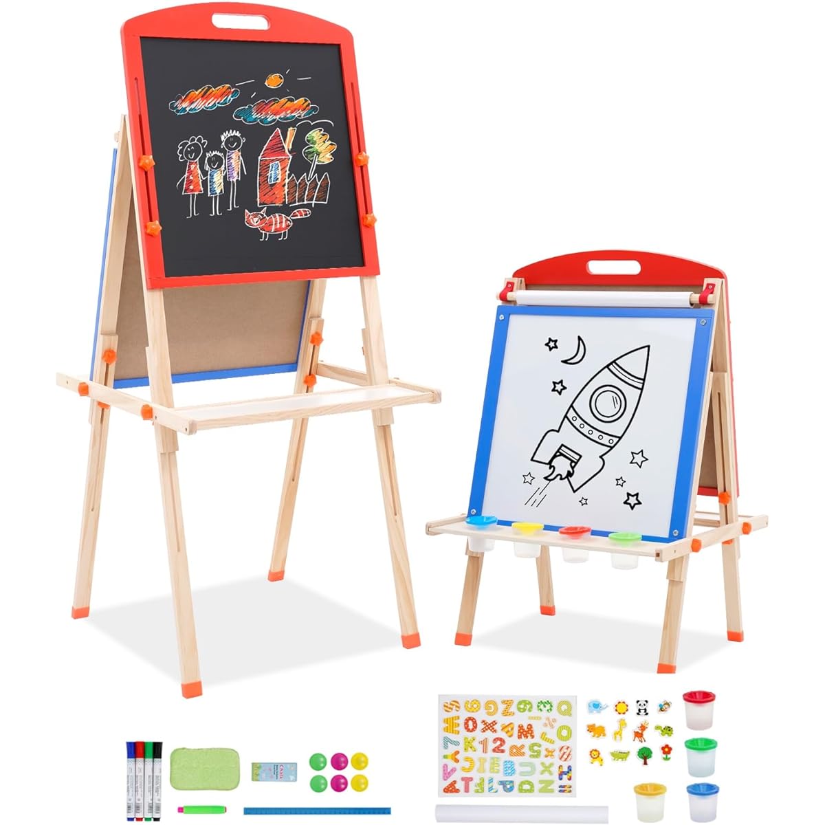 Kids Art Easel Art Standing Easel Double Sided Whiteboard & Blackboard for Kids