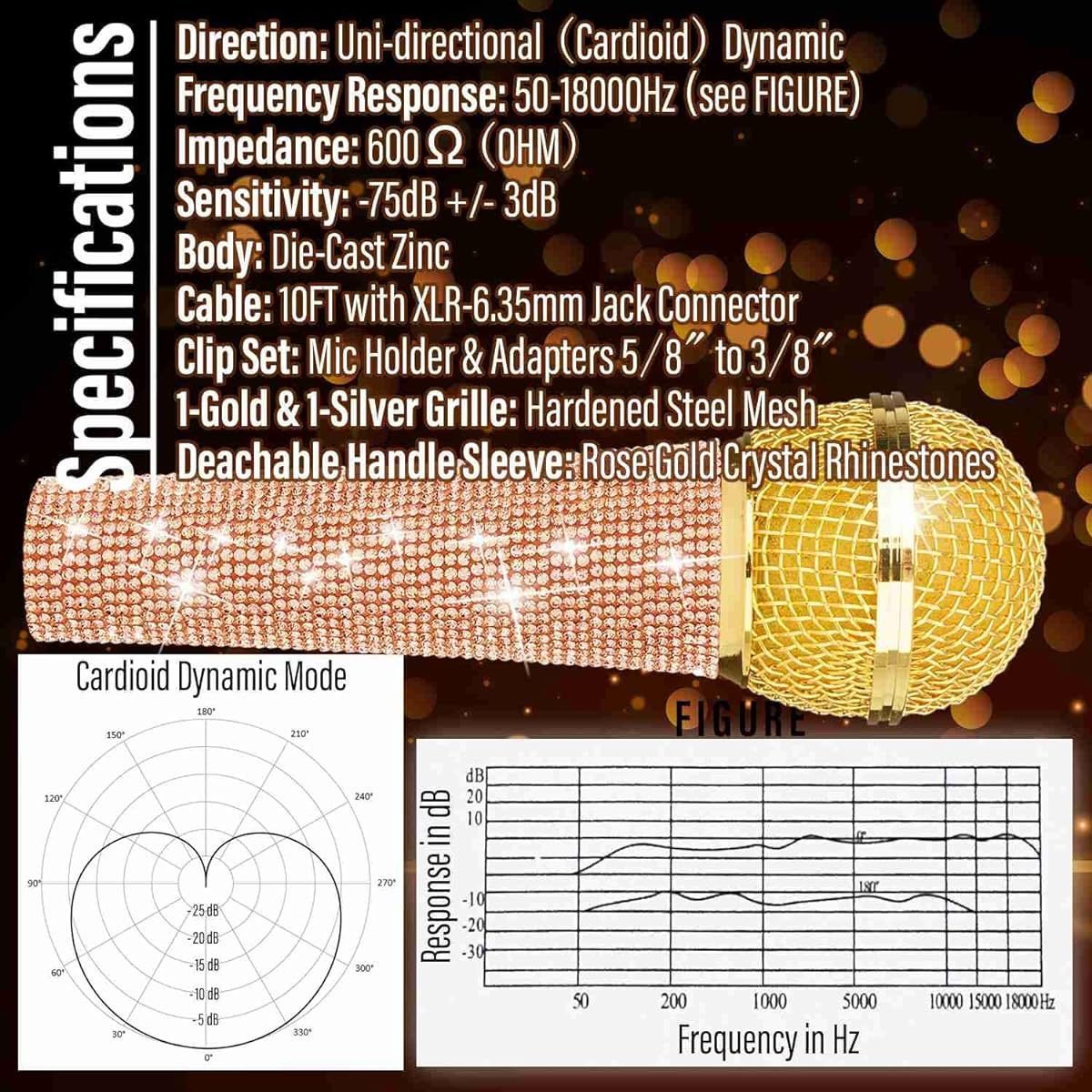 RhymKawa RS58 Rose Gold Bling Cardioid Dynamic Vocal Wired Microphone Singing Karaoke Microphone Metal Handheld with Bling Crystal Cover