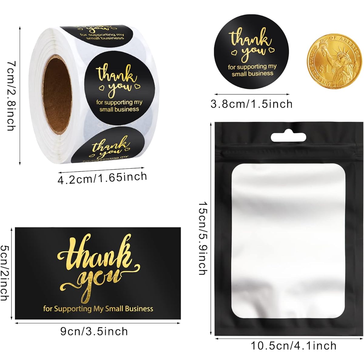 Lefiocky Thank You Stickers and Cards Set 1120 Pieces 1.5 Inch Thank You for Support My Small Business Gold Lettering Small Thank You Cards Resealable Packaging Bags for Business