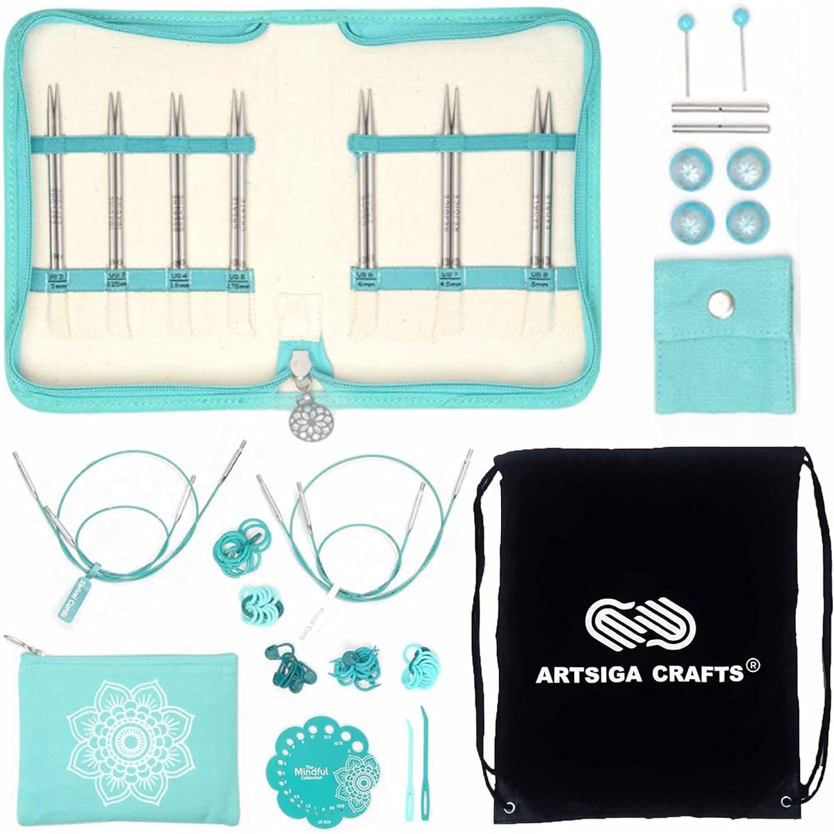 Knitter's Pride Mindful Believe 5" 7 Pairs Interchangeable Circular Lace Knitting Needles Set Sizes US 2.5 3 4 5 6 7 8 4 Cords with 4 Pieces 1 Gauge Bundle Artsiga Crafts Project Bag 250303