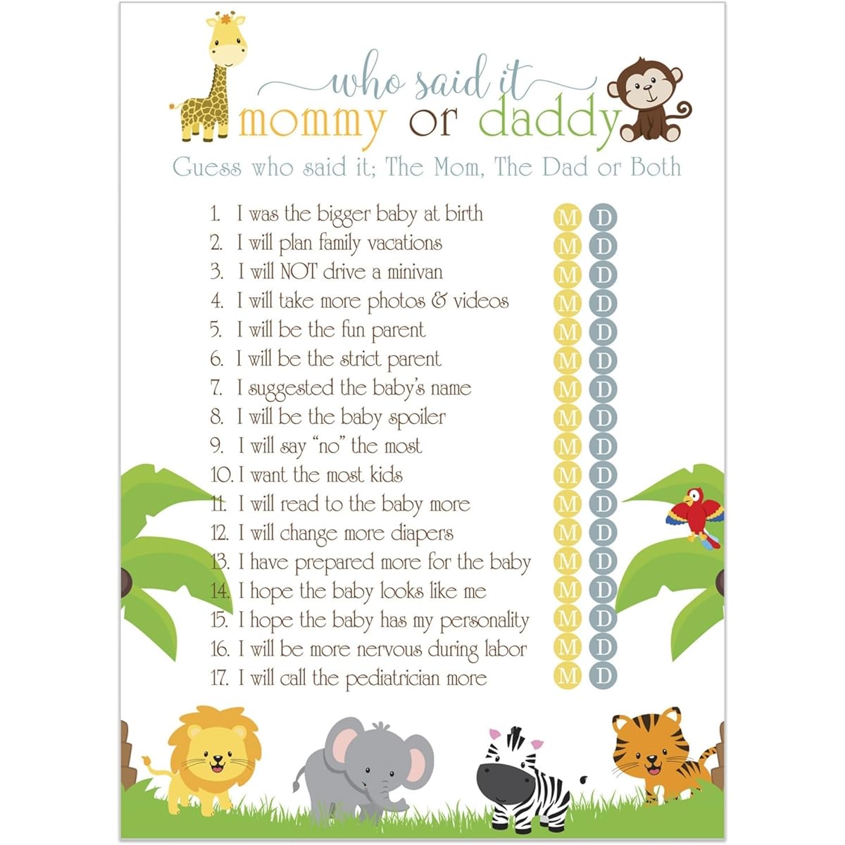 Paper Clever Party Cute Jungle Baby Shower Mommy Dad Games Guess the Parents Activities Wild Safari Animals Theme Ideas for Boy or Girl 25 Pack