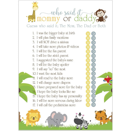Paper Clever Party Cute Jungle Baby Shower Mommy Dad Games Guess the Parents Activities Wild Safari Animals Theme Ideas for Boy or Girl 25 Pack