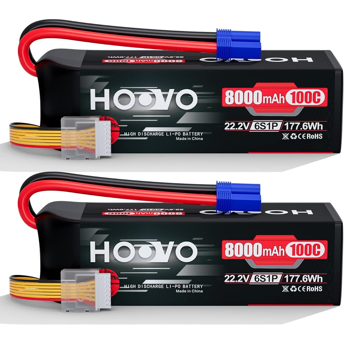 HOOVO 6S 22.2V LiPo Battery 8000mAh 100C RC Lipo Battery Metal Plate with EC5 Plug for Traxxas UDR RC Car Boat Buggy Truck Tank Racing Hobby (2 Pack)