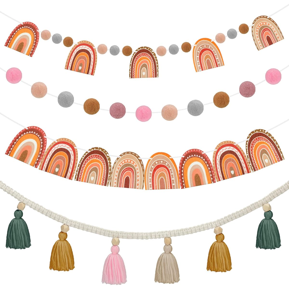 Boho Rainbow Party Decorations Boho Tassel Garland Pastel Decorations Pom Pom Garland Hanging Rainbow Birthday Banner Felt Ball Garland for Home Baby Shower Birthday Classroom Wall Decor 4pcs