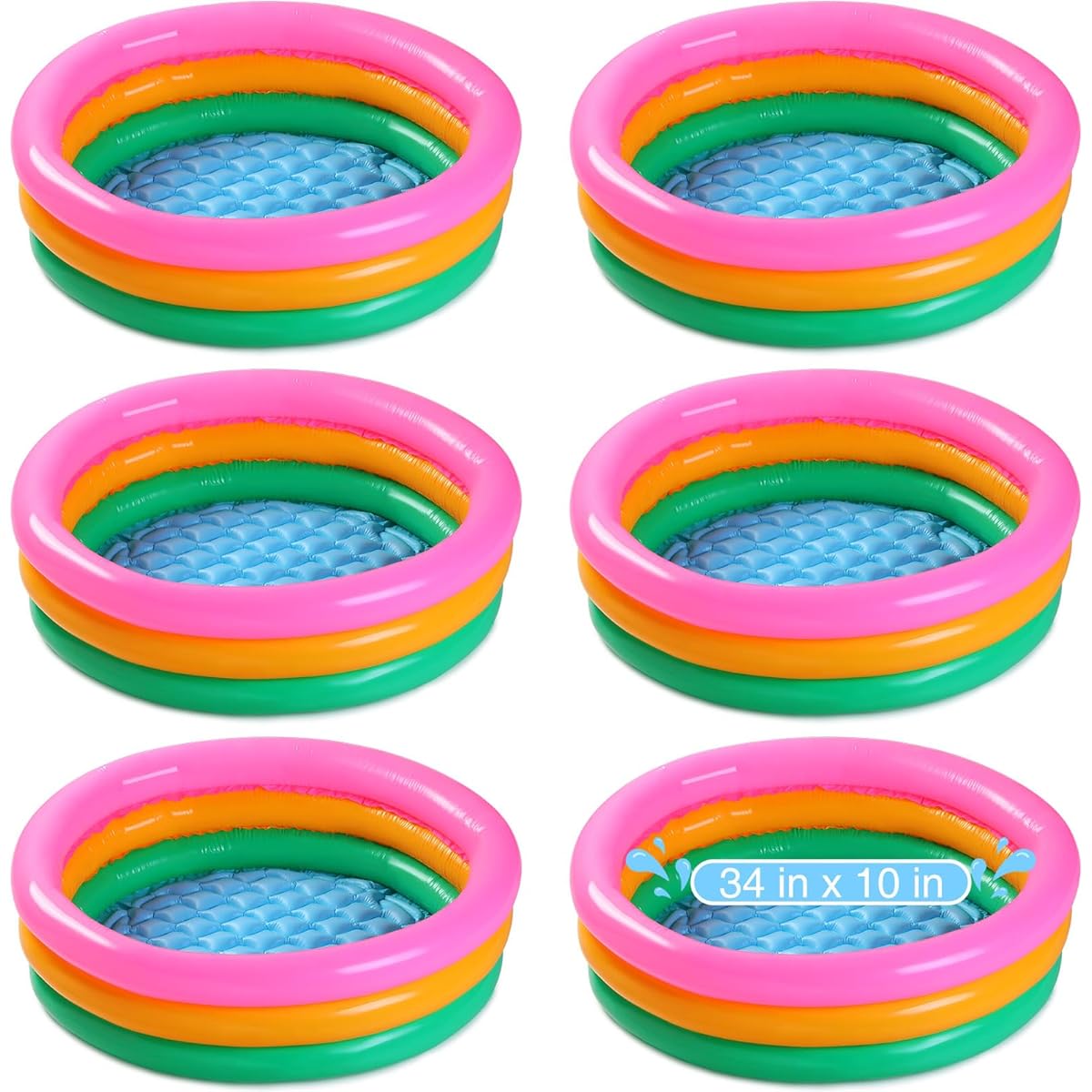 6 Pack 34 x 10 Inch Plastic Children's Pool Sunset Glow Baby Pool Inflatable Pool Soft Inflatable Baby Kids Children's Small Swimming Pool 3 Rings for Outdoor and Indoor Use