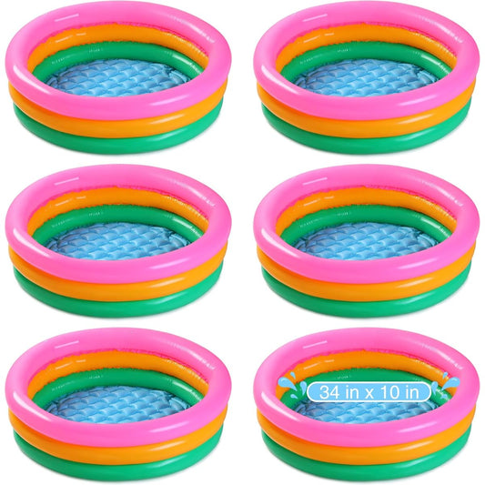 6 Pack 34 x 10 Inch Plastic Children's Pool Sunset Glow Baby Pool Inflatable Pool Soft Inflatable Baby Kids Children's Small Swimming Pool 3 Rings for Outdoor and Indoor Use