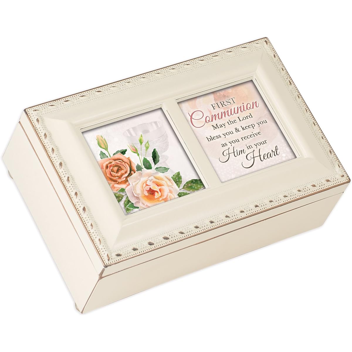 Cottage Garden First Communion Lord Bless Keep Matte Ivory Jewelry Music Box Plays Ave Maria