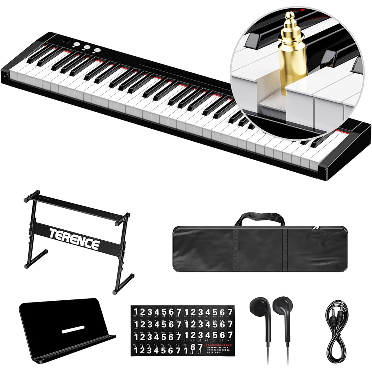 TERENCE Electronic Keyboard 140 Tones 128 Rhythms Keyboard 61 Keys Keyboard for Beginners Lesson Mode Touch Response Function 2-way Power Supply Easy to Carry Z-shaped Stand Music Stand Japanese Instruction Manual Included Black