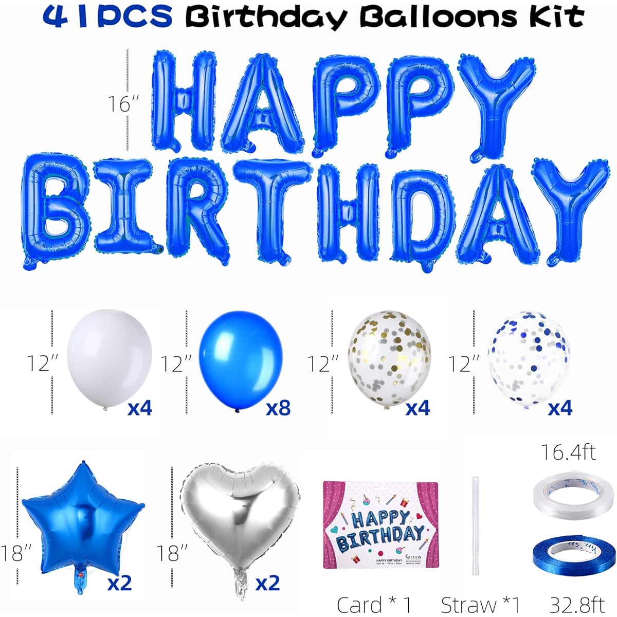 Happy Birthday Balloons Birthday Party Decorations White Blue Gold Confetti Balloons Kit for Boys Girls Men Women Birthday Party