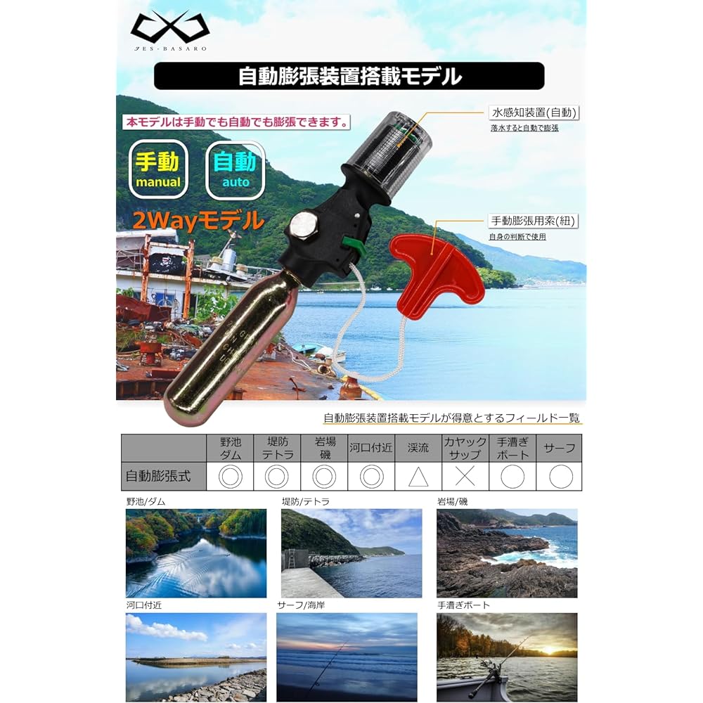 JES-BASARO Self-inflating life jacket, life jacket, automatic/manual compatible model, 2-way model, waist fit, draping design, fishing, adults, children, men, women, size 70cm to 140cm, Japanese manufacturer B-Life-Jac-Mf-MN/AT Japanese instruction manua