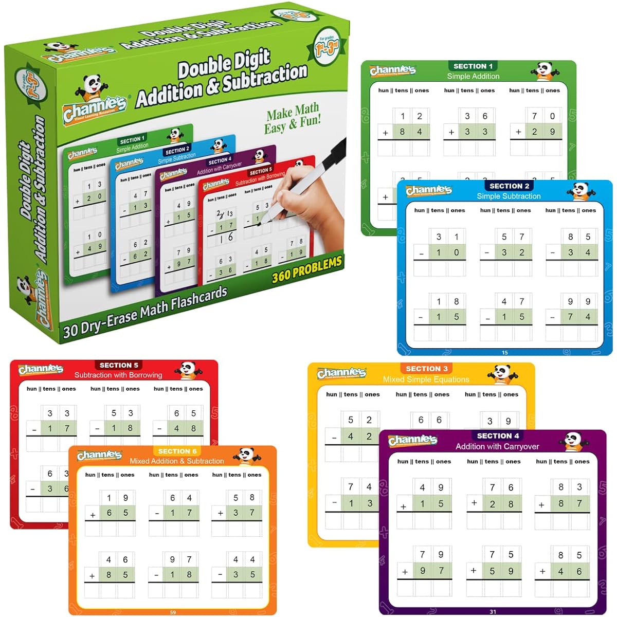 Channie's 30 2-Digit Addition and Subtraction Flash Cards for Kids, Educational Math Flash Cards Perfect for Grades 1-3, Level 2 Color Coded Cards, 360 2-Digit Problems