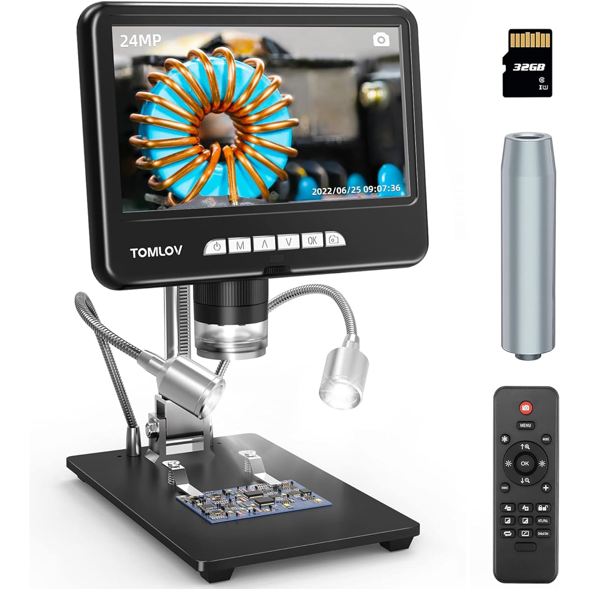 TOMLOV DM401 2K Digital Microscope 1200X 7" 24MP HDMI Coin Microscope with IPS Screen, Extension Tube for Full Coin View, LCD Soldering Microscope with Light/PC/TV Compatible, 32GB