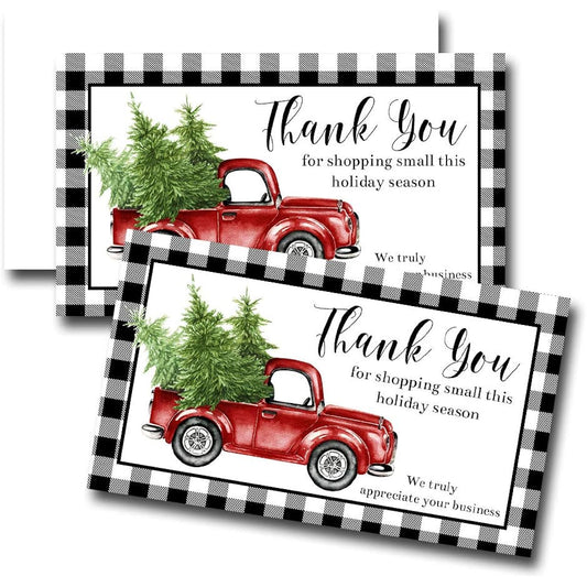 AmandaCreation Black Buffalo Check Red Watercolor Pickup Truck Christmas Holiday Themed Customer Appreciation Package Inserts for Small Business 2" x 3.5" Single Sided Insert Cards, 100 Count