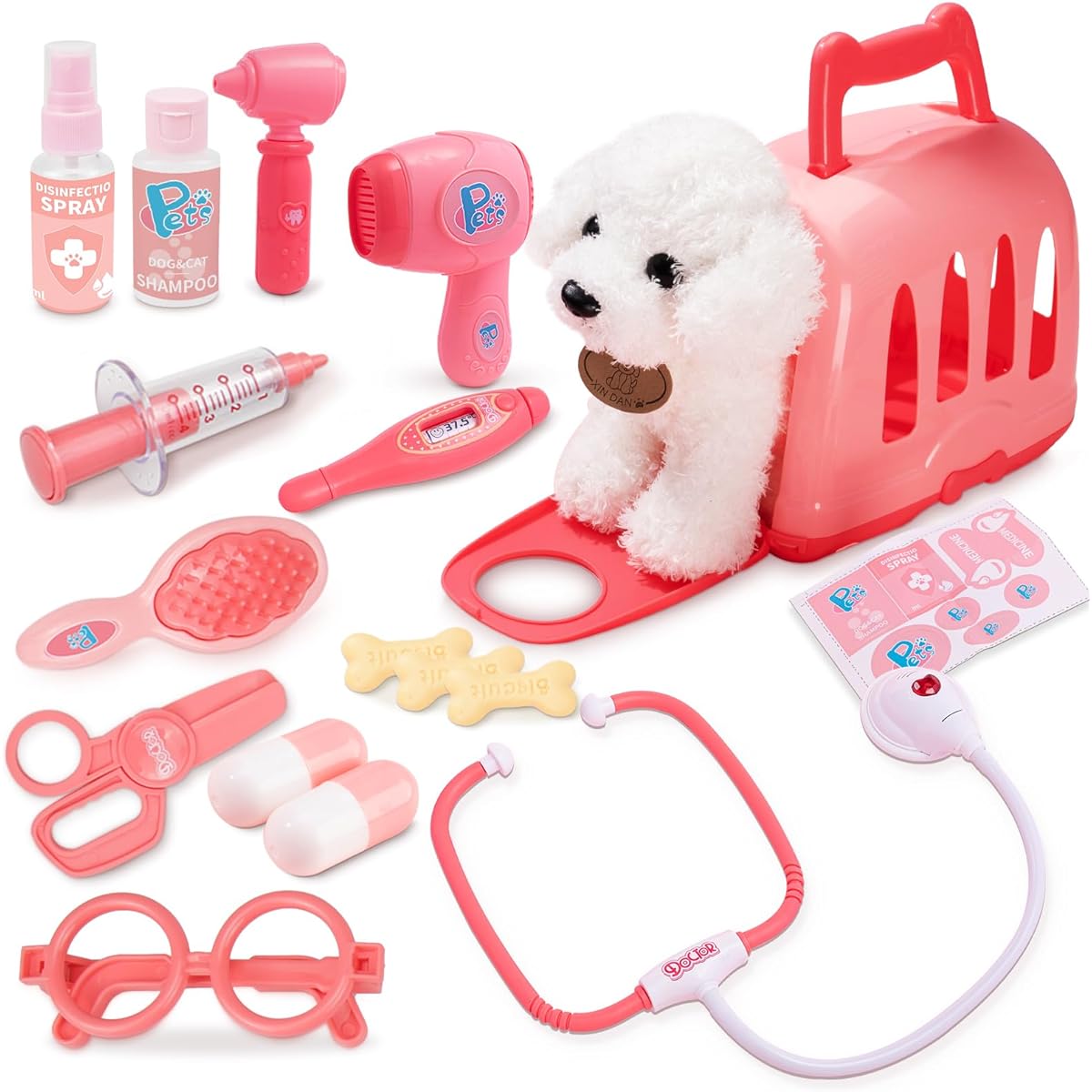 KidEwan 17 Piece Veterinarian Kit for Kids Pet Care Cage Playset Doctor Kit for Kids Doctor Medical Pretend Role Play Dog Grooming Toy Plush Toy for Boys and Girls 3 4 5 6 7 8 Years Old