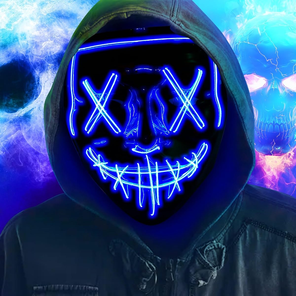 CyanCloud Halloween Mask LED Light Up Scary Glowing Mask EL Wire Light Up Festival Cosplay Party Halloween Costume (Blue)