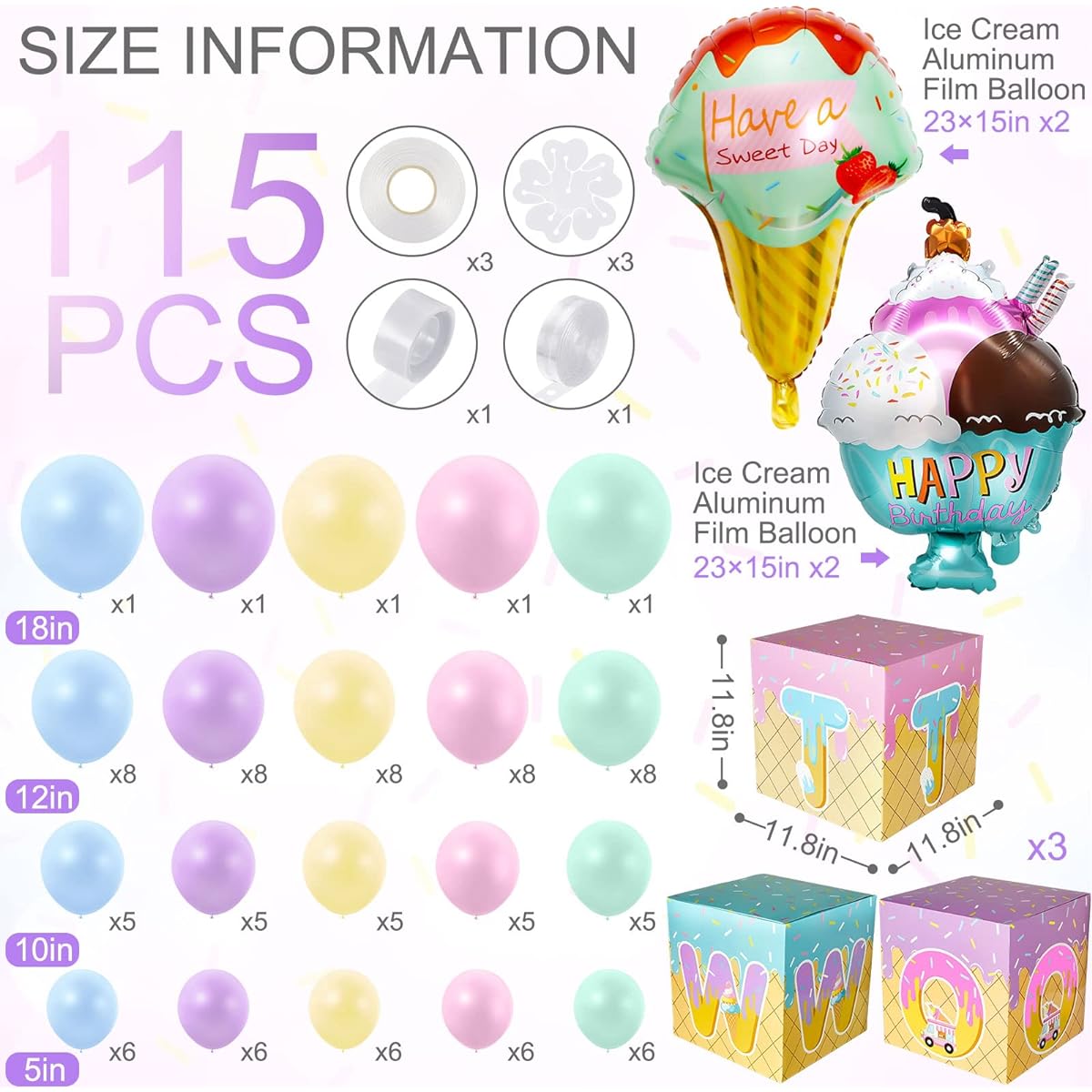 115 Pieces Birthday Ice Cream Party Supplies Ice Cream Foil Balloons Party Pastel Balloons Donut Party Bags Macaron Latex Balloons Sweet Party Favor Box for Birthday/Wedding/Engagement/Anniversary
