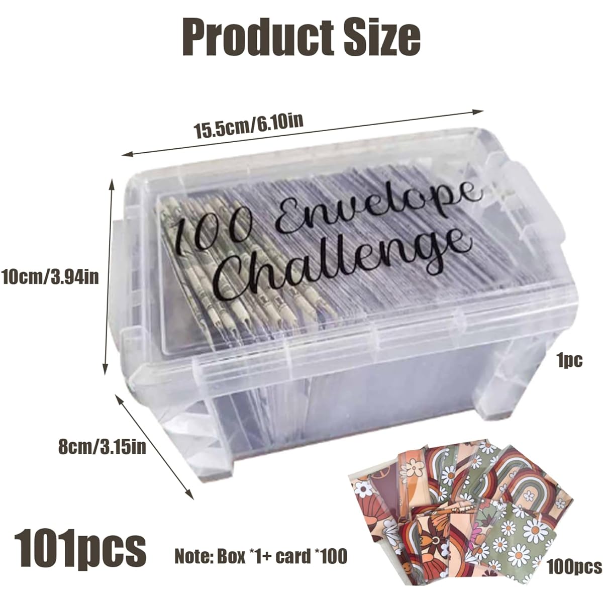 Naisicore Money Saving Challenge Box with 100 Cards, Clear Piggy Bank, 100 Envelopes, Money Box, Budget Planning Gift