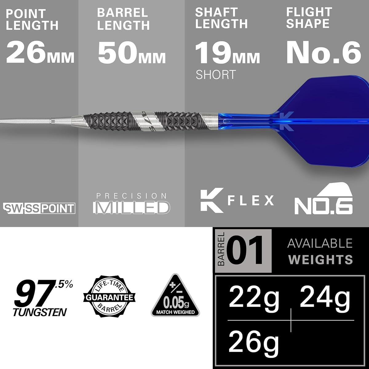 TARGET Darts 975 Ultramarine 01 24G 97.5% Tungsten Steel Tip Darts Set - Swiss Point Darts with K-Flex Integrated Flights and Shafts - Includes Darts Tacoma Wallet, SP Tools, and Dart Tips