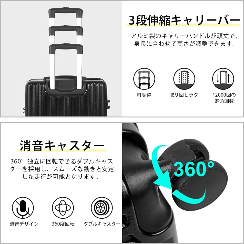 [nebudan] Suitcase, Carry Case, Carry Bag with Expansion Function, ABS+PC, Shockproof, Ultra Light, Large, Quiet, Double Casters [360 Degree Rotation & Removable] Equipped with TSA Rourke, Zipper Type, Travel, Business, Business Trip (M Size/4-7 Nights,