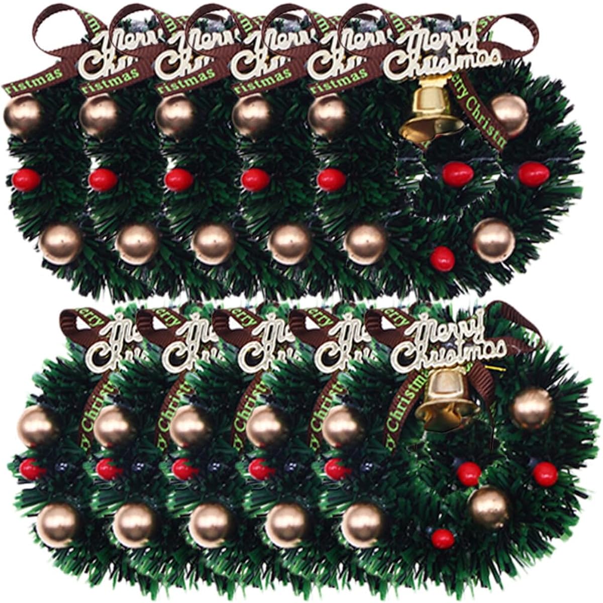 MAGICLULU Mini Christmas Wreath with Ribbon Bells Mini Green Artificial Christmas Wreath Christmas Holiday Supplies 10pcs