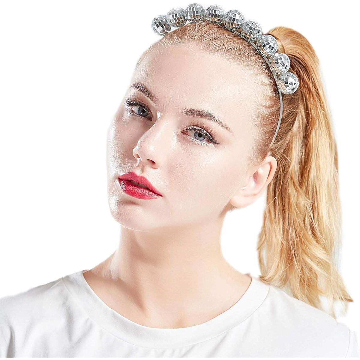 Coucoland Vintage Disco Ball Headband 1970s Disco Costume Headpiece for Disco Parties (Silver)