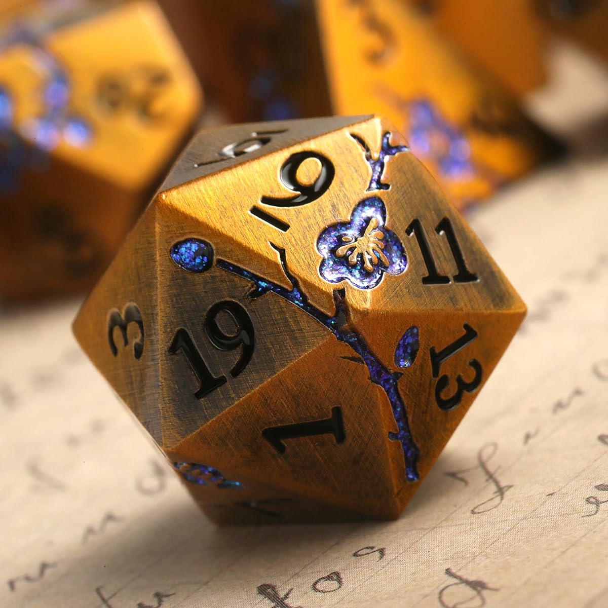 Metal Dice Flower - Set of 7 Metallic Dungeons and Dragons Dice with Huge Gift Case for DND Dungeons and Dragons Tabletop Game (Ancient Brass and Blue Flower)
