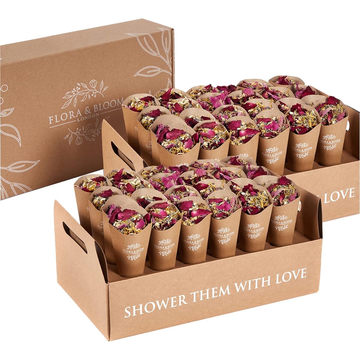 Flora & Bloom Biodegradable Confetti with Cone | Dried Flowers for 48 Guests (6 Litres) | Wedding Confetti Kit | Pop Pop Cone & Tray | Jasmine Lavender & Rose Petals | Wedding Decorations