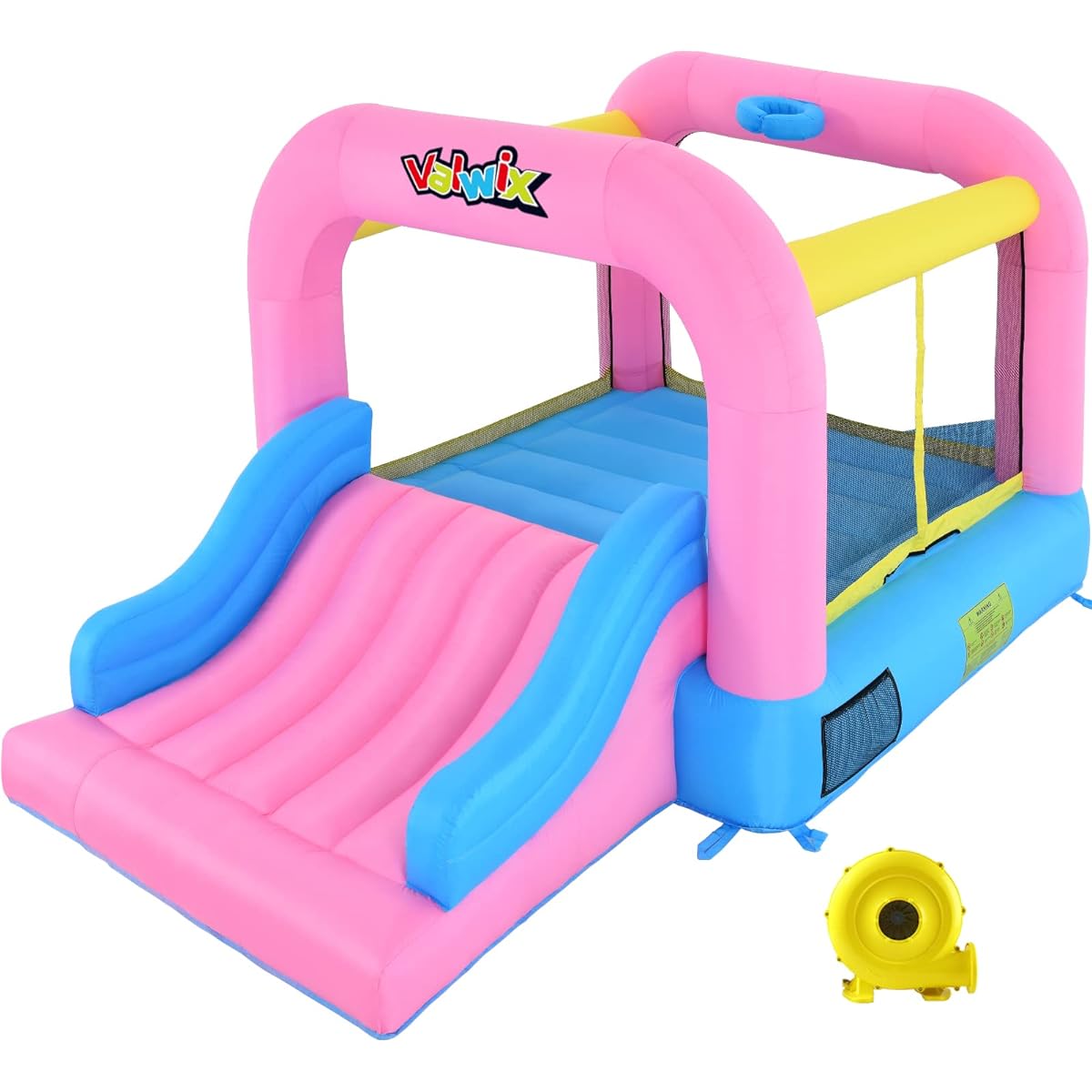 Valwix Inflatable Bounce House Pink with Blower & Wide Slide for Kids Ages 3-10, Bouncer with Large Bounce Area and Basketball Hoop, 300 lbs Capacity