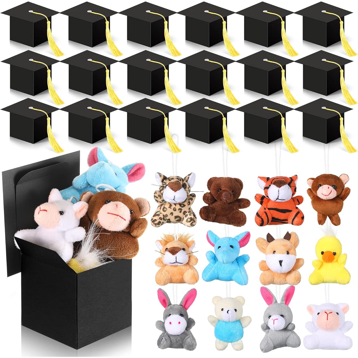 Graduation Gift Set Mini Stuffed Animal Toys Keychain Graduation Candy Box with Gold Tassel Teacher Student Classroom Prize Graduation Party Favors (48 Pieces)