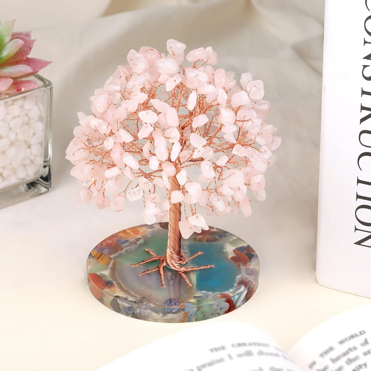 Rockcloud 4.7"-5.5" Crystal Stone Money Tree with Agate Slice Base Bonsai Feng Shui Desk Decor for Wealth and Lucky Home Decorations Rose Quartz