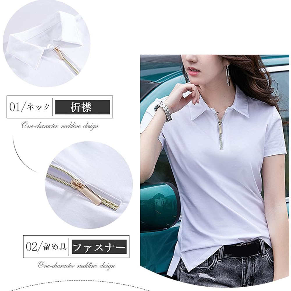 [Rortyno] Polo Shirt, Summer Clothing, Women's, Plain, Golf Shirt, Zip Up Polo T-Shirt, Half Zip, Tennis Wear, Sportswear, Work Wear, Collared Short Sleeve Shirt, Cotton Polo Shirt