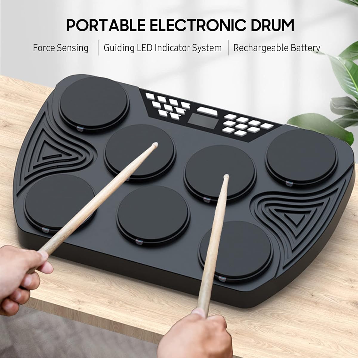 BUZHI Multifunctional Portable Electronic Drum Set 7 Velocity Sensitive Pads Tabletop Drum Built-in 2 Speakers Stereo Rechargeable Practice Drum Pad Support Recording Function/Audio Input/MIDI Output