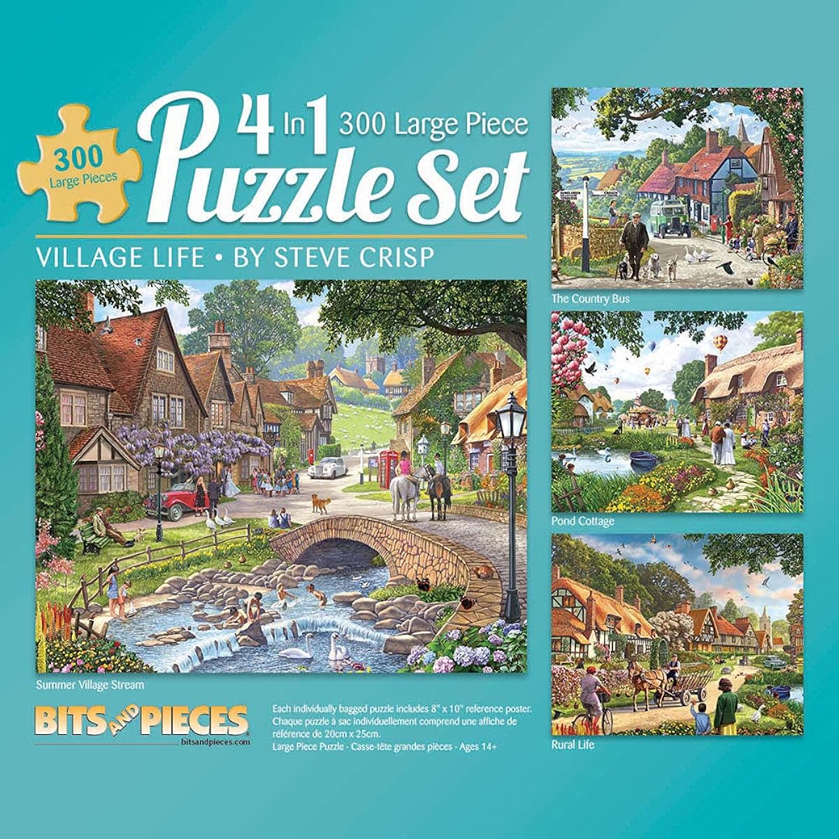 Bits and Pieces - 4-in-1 Multipack - 300 Piece Jigsaw Puzzle for Adults - Each Size 16" x 20" (46cm x 61cm) - Artist: Steve Crisp Village Life