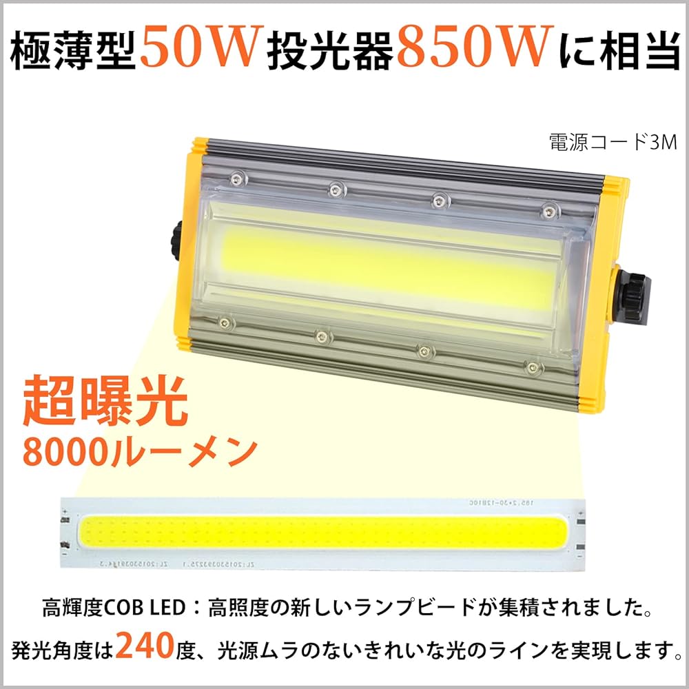 Maikading LED Floodlight 50W Work Light [Set of 2] 850W Equivalent 8000LM Thin Plug with 3m Cord PSE Compatible 360° Rotation Durable Energy Saving Warehouse Lighting Security Light Parking Lot Light Outdoor Work