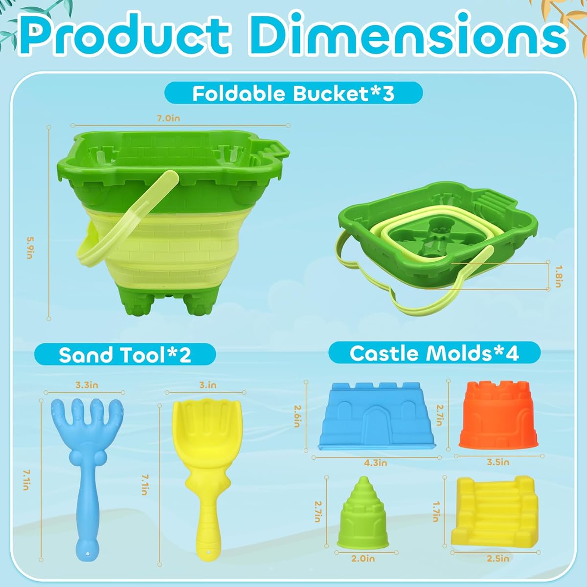 3 Pack Foldable Bucket Bucket with Mesh Bag Sanbox Beach Toys Set Foldable Bucket for Garden Beach, Camping, Fishing, Car Wash, Fun Summer Activities