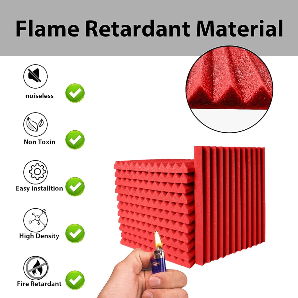 Temgcuam Acoustic Panels 1" x 12" x 12" Acoustic Foam Panels Studio Wedge Tiles Sound Panels Wedge Soundproofing Foam Liners (24 Pieces, Red)