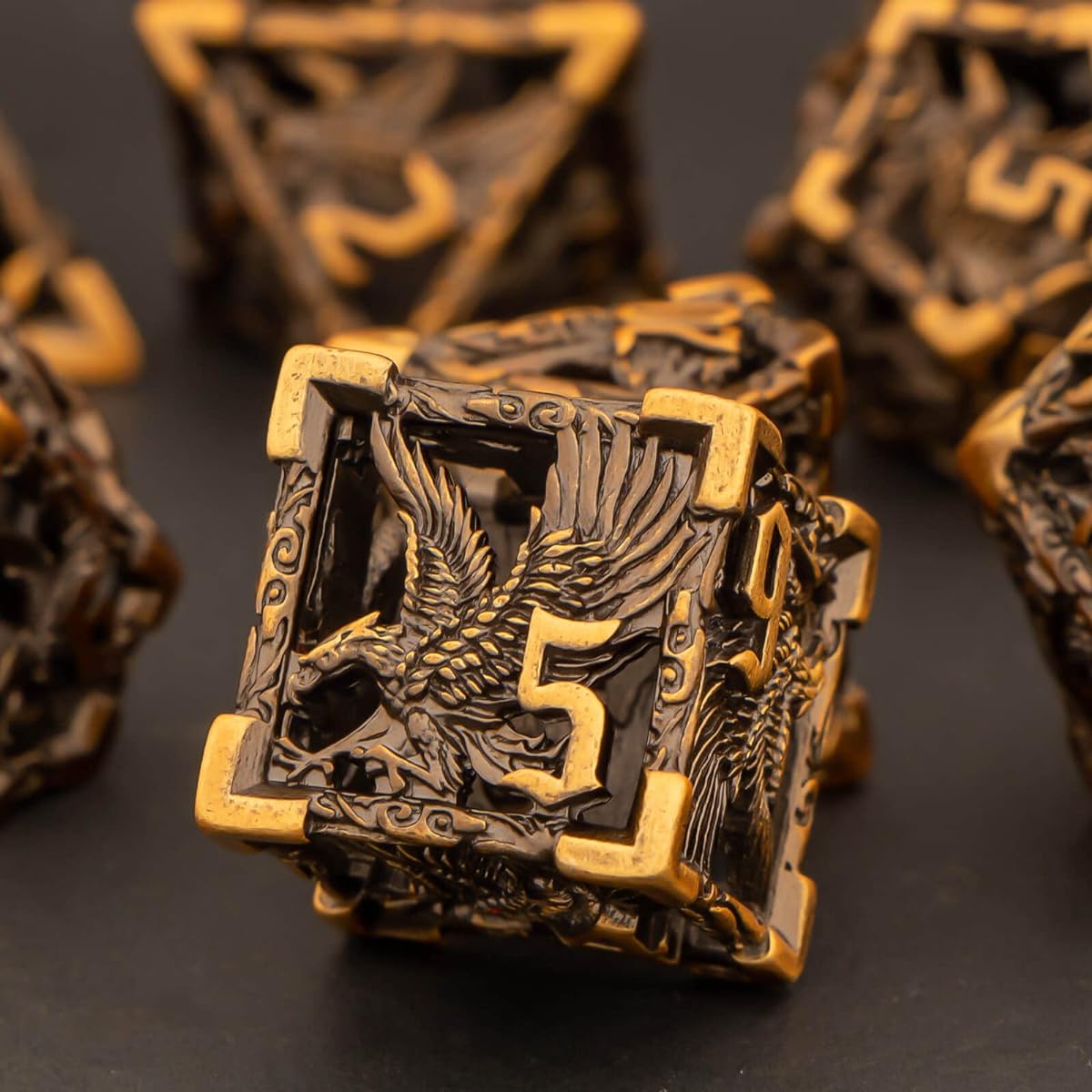 KERWELLSI Hollow Metal DND Dice Set D&D Dice 7 Piece Set D20 D12 D10 D8 D6 D4 Gold Role Playing Dice with Box Eagle Polyhedral Dice Set for Dungeons & Dragons Dice