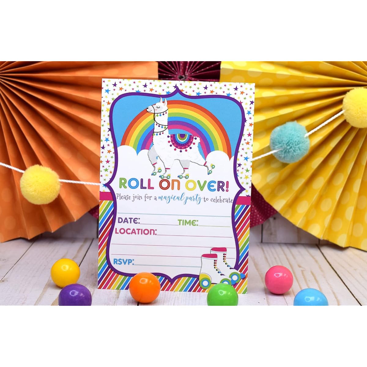 AmandaCreation 20 Colorful Llama Rainbow Roller Skate Birthday Party Invitations 5"x7" Cards with 20 White Envelopes